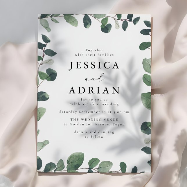 Elegant Green Leaf Border Modern Wedding Invitation (Creator Uploaded)