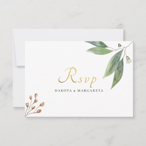 Elegant green leaf botanical gold wedding  RSVP Invitation