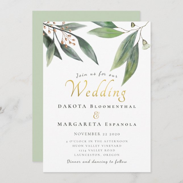 Elegant green leaf gold script gum blossom wedding invitation (Front/Back)