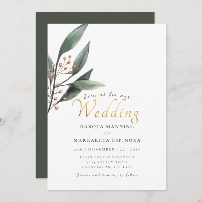 Elegant green leaf gold script wedding invitation (Front/Back)