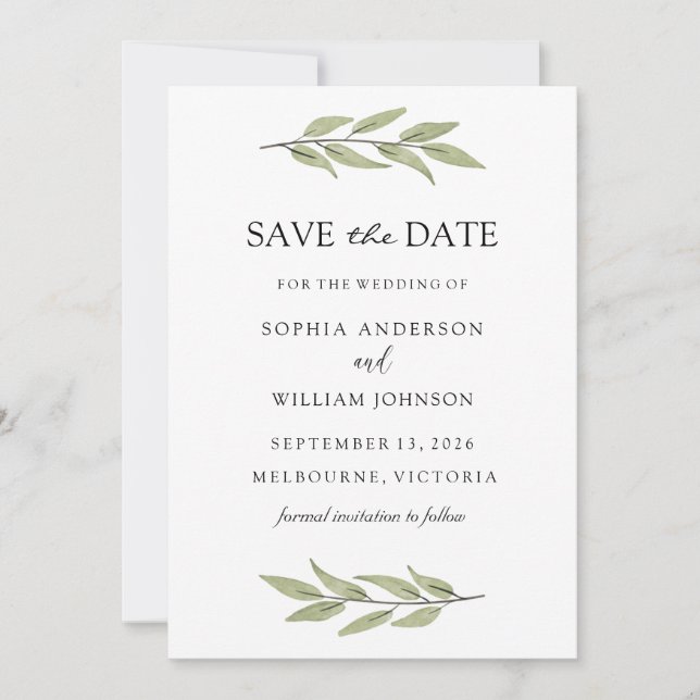 Elegant Green Leaf Greenery Spring Wedding Save The Date (Front)