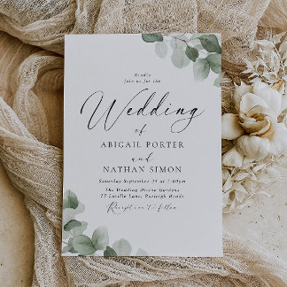 Elegant Green Leaf Script Wedding Invitation