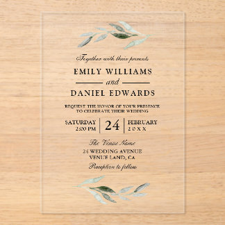 Elegant Green Leaf Wedding Acrylic Invitations