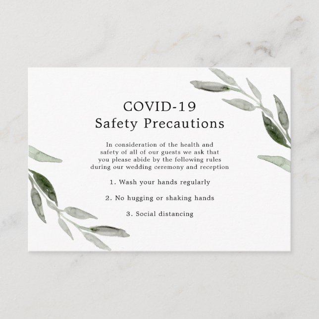 Elegant Green Leaf Wedding COVID-19 Safety Enclosure Card (Front)