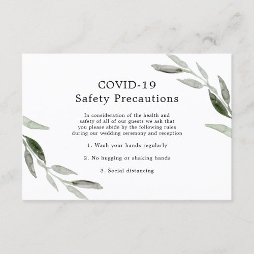 Elegant Green Leaf Wedding COVID_19 Safety Enclosure Card