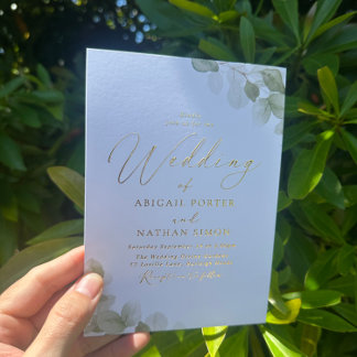Elegant Green Leaf Wedding Gold  Foil Invitation