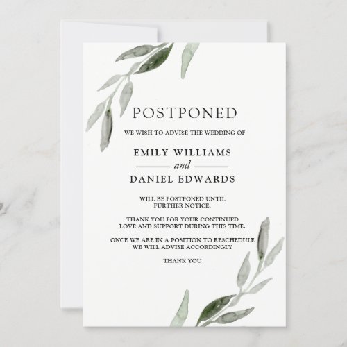 Elegant Green Leaf Wedding Postponed Announcement