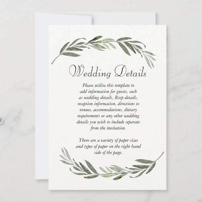 Elegant Green Leaf Wedding Reception Details Invitation (Front)