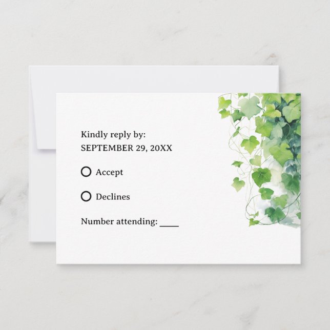 Elegant Green Leaf Wedding RSVP Card (Front)