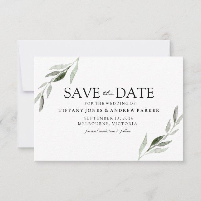 Elegant Green Leaf Wedding Save The Date (Front)