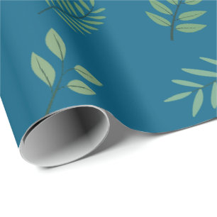 Elegant Green Leaf Wrapping Paper on Ocean Blue