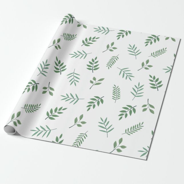 Elegant Green Leaf Wrapping Paper on White (Unrolled)
