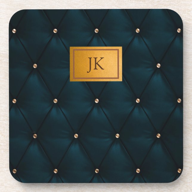 Elegant Green Leather,Diamonds,Monogram Beverage Coaster (Front)