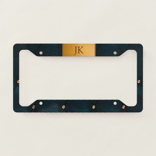 Elegant Green Leather,Diamonds,Monogram    License Plate Frame (Front)