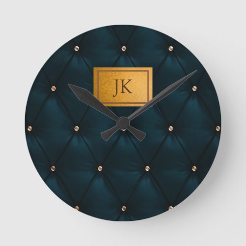 Elegant Green LeatherDiamondsMonogram   Round Clock