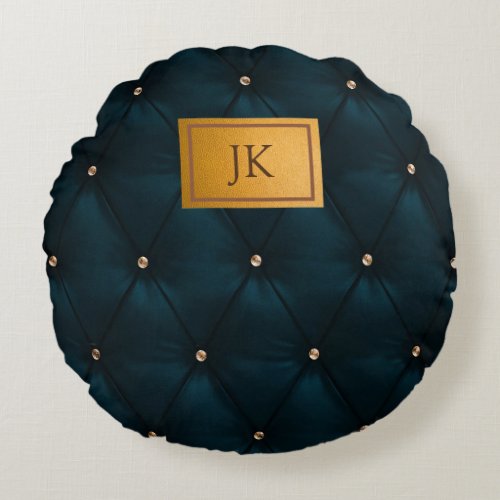 Elegant Green LeatherDiamondsMonogram  Round Pillow