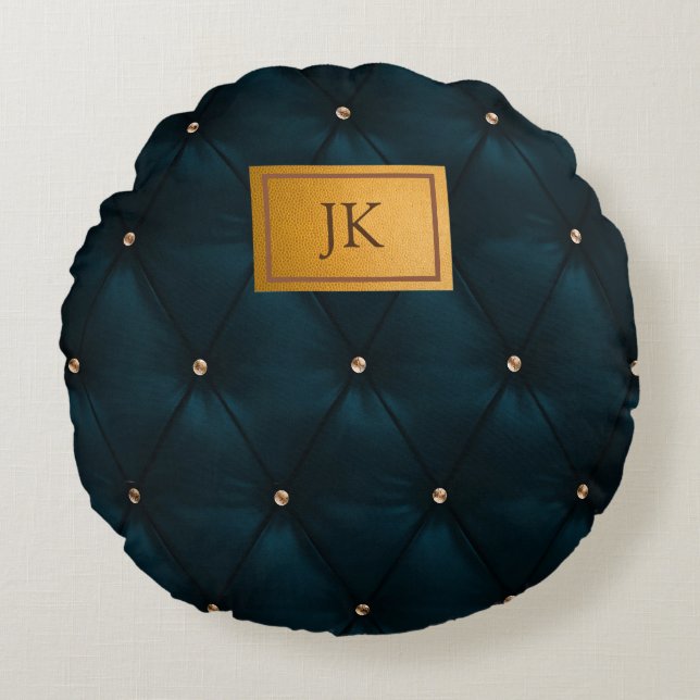 Elegant Green Leather,Diamonds,Monogram  Round Pillow (Front)