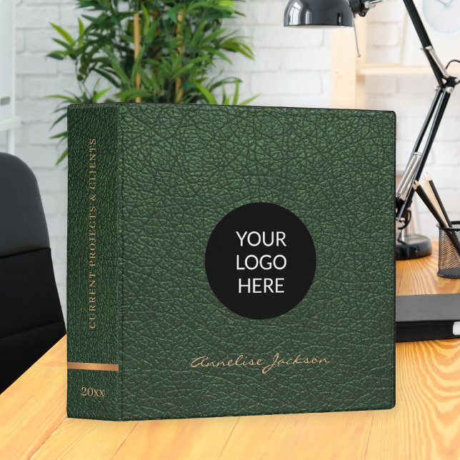 Elegant green leather gold custom logo luxury 3 ring binder (Creator Uploaded)