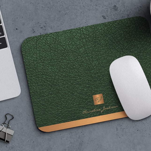 Elegant green leather gold initial monogrammed mouse pad (Creator Uploaded)