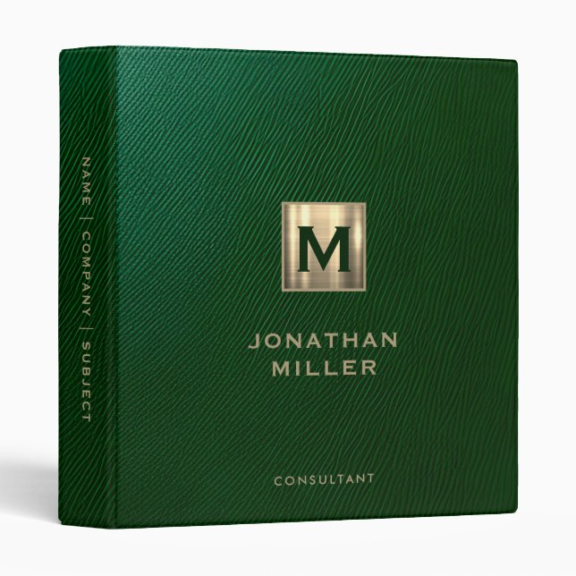Elegant Green Leather Luxury Gold Monogram 3 Ring Binder (Front/Spine)