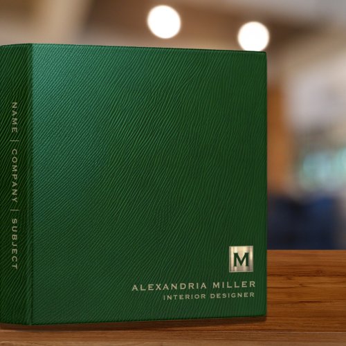 Elegant Green Leather Luxury Gold Monogram 3 Ring Binder