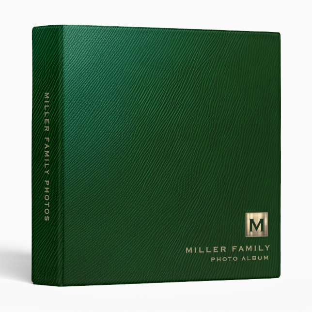 Elegant Green Leather Monogram Photo Album 3 Ring Binder (Front/Spine)