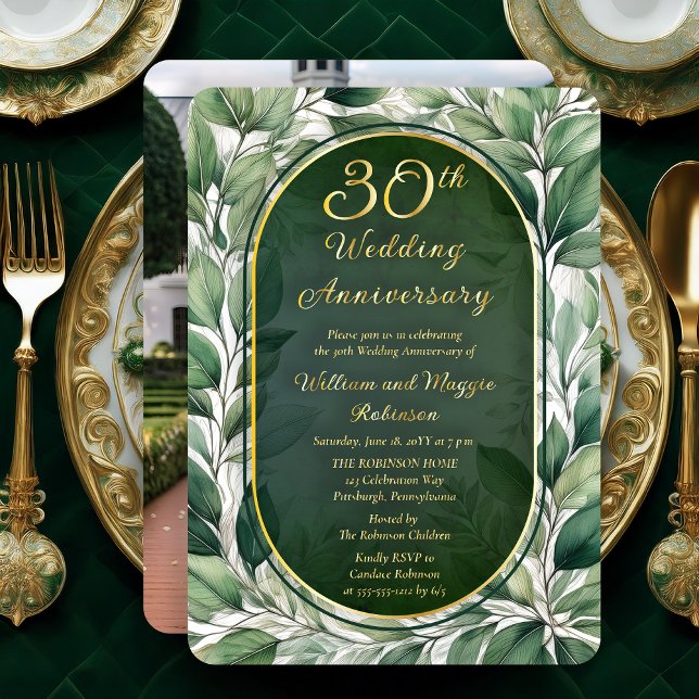 Elegant Green Leaves 30th Wedding Anniversary Foil Invitation (Elegant Green Leaves Foliage Frame Luxury 30th Wedding Anniversary Foil Photo Invitation)