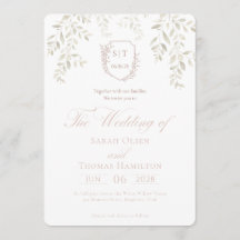 Elegant Green Leaves Crest Monogram Wedding