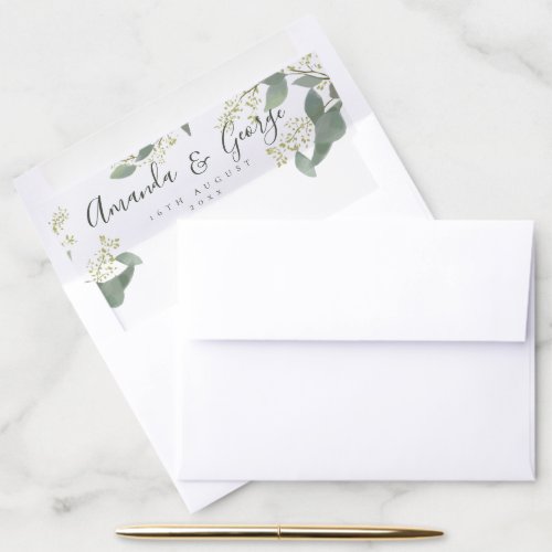 Elegant Green Leaves Eucalyptus Script Wedding Envelope Liner