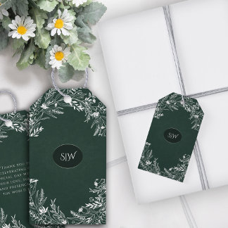 Elegant Green Leaves Minimalist Monogram Gift Tags