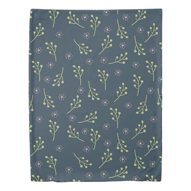 Elegant Green Leaves Pink Floral Ditsy Pattern | Duvet Cover (Front)