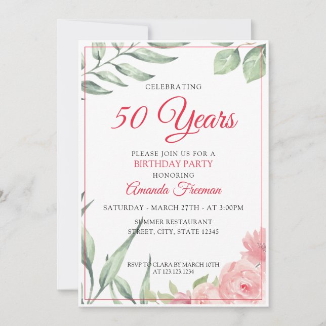 Elegant Green Leaves & Pink Rose Mom Birthday Invitation (Front)
