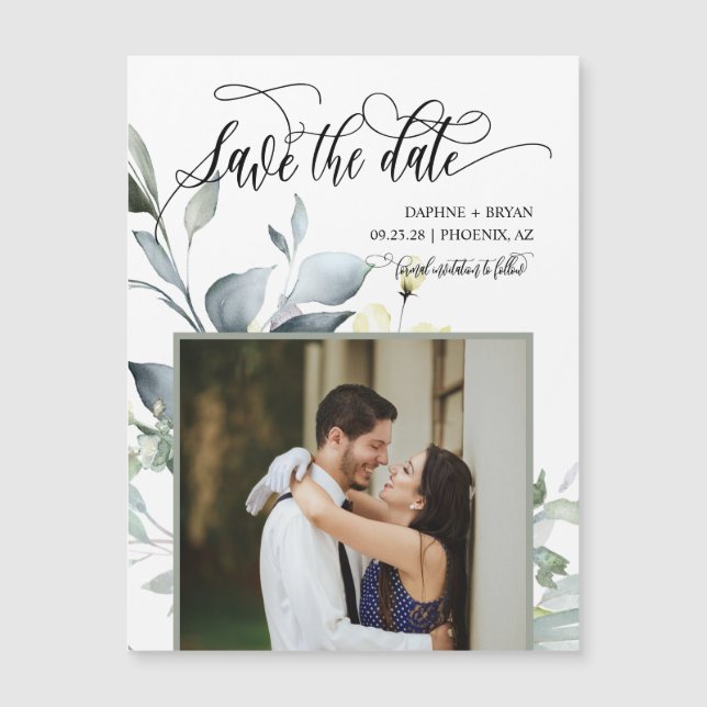 Elegant Green Leaves Save the Date Photo Magnet (Front)