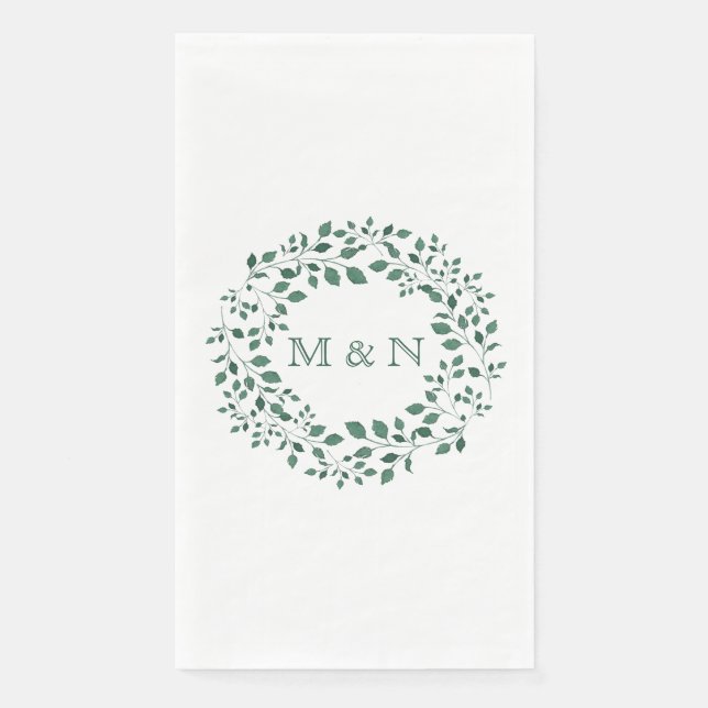 Elegant Green Leaves Watercolor Wreath Monogrammed Paper Guest Towels (Front)