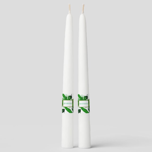 Elegant Green Leaves Wedding Pair of Taper Candles (Front)