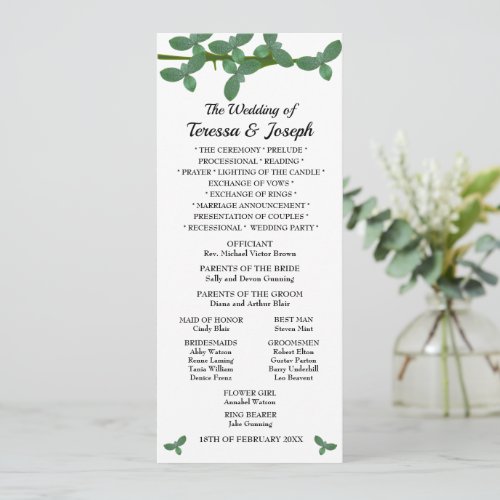 Elegant Green Leaves Wedding Programme Menu Invitation