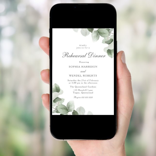 Elegant Green Leaves Wedding Rehearsal Dinner Invitation (Front Digital)