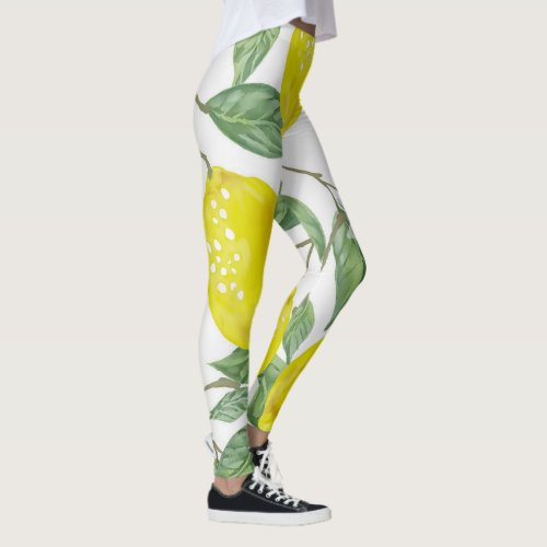 Elegant Green Leaves  Yellow Lemons  Leggings