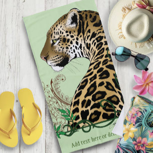 Elegant Green Leopard Botanical Henna Beach Towel