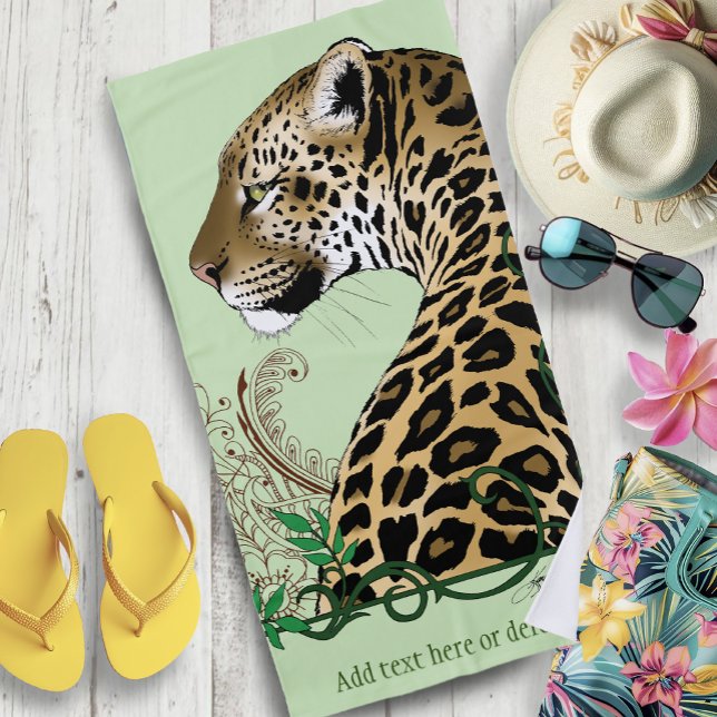 Elegant Green Leopard Botanical Henna Beach Towel (Creator Uploaded)