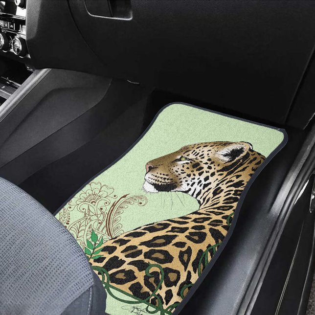 Elegant Green Leopard Botanical Henna Car Floor Mat (Creator Uploaded)