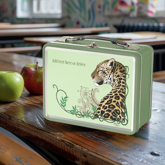 Elegant Green Leopard Botanical Henna Metal Lunch Box (Creator Uploaded)