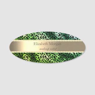 Elegant Green Leopard Print,Stripe, Pearls Name Tag