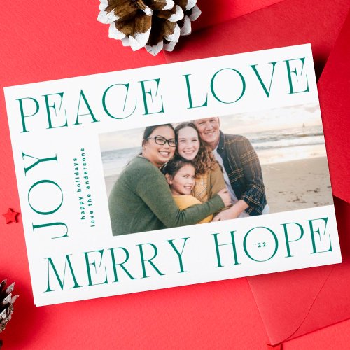 Elegant Green Letters MERRY JOY PEACE LOVE photo Holiday Card