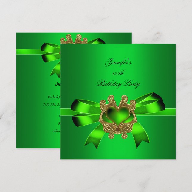 Elegant Green Lime Jewel Bow Birthday Party Invitation (Front/Back)