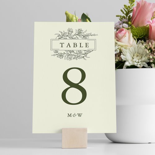 Elegant Green Line Art Floral Monogram Wedding Table Number