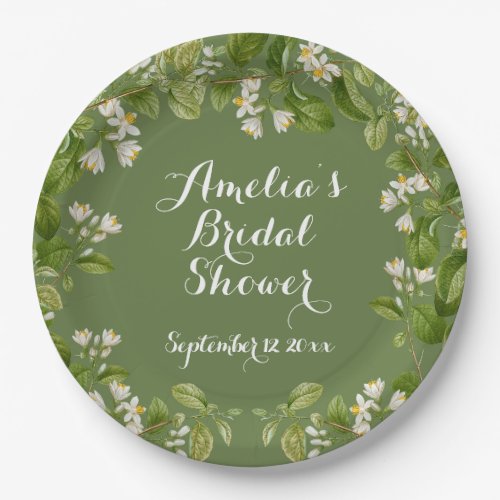 Elegant Green Lineart  White Floral Bridal Shower Paper Plates