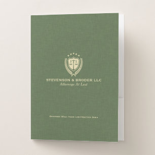 Elegant Green Linen & Gold Justice Logo Pocket Folder