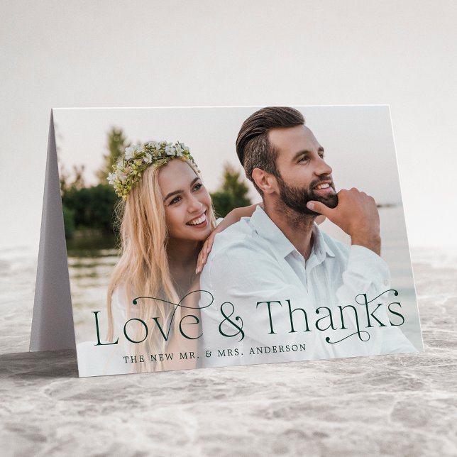 Elegant Green Love and Thanks Wedding Photo Thank You Card (Creator Uploaded)