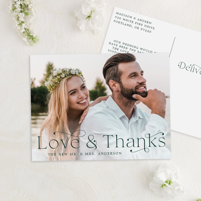 Elegant Green Love and Thanks Wedding Thank You Postcard (Creator Uploaded)